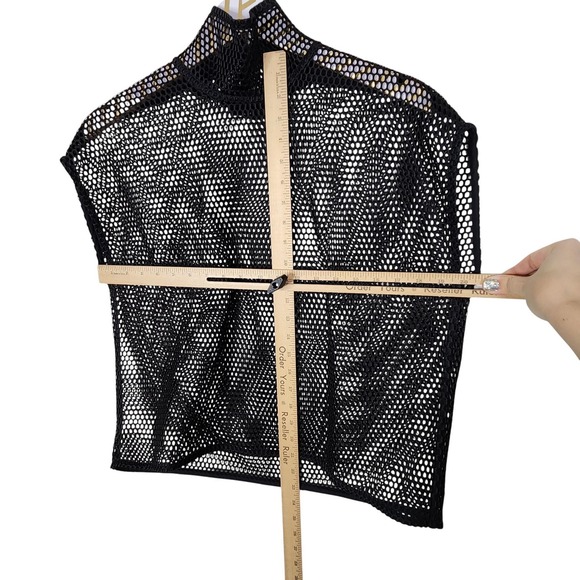 AKRIS Top Womens 8 Black Grid Shirt Mesh Fishnet High Neck Poncho Top Designer - Picture 6 of 12